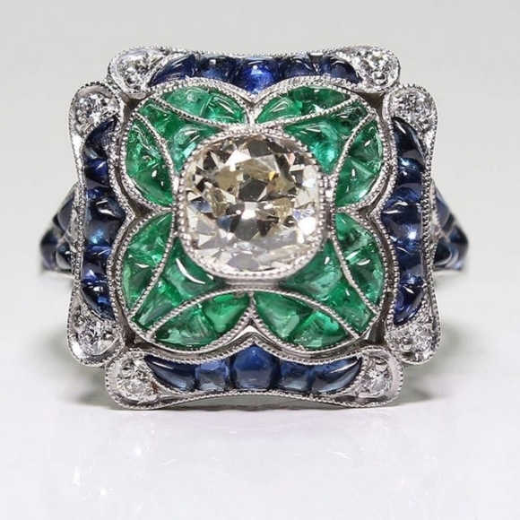 Enameled Navy Blue Green Clear Rhinestones Silver Rhodium Plated Size 8 Ring NEW - Picture 8 of 8